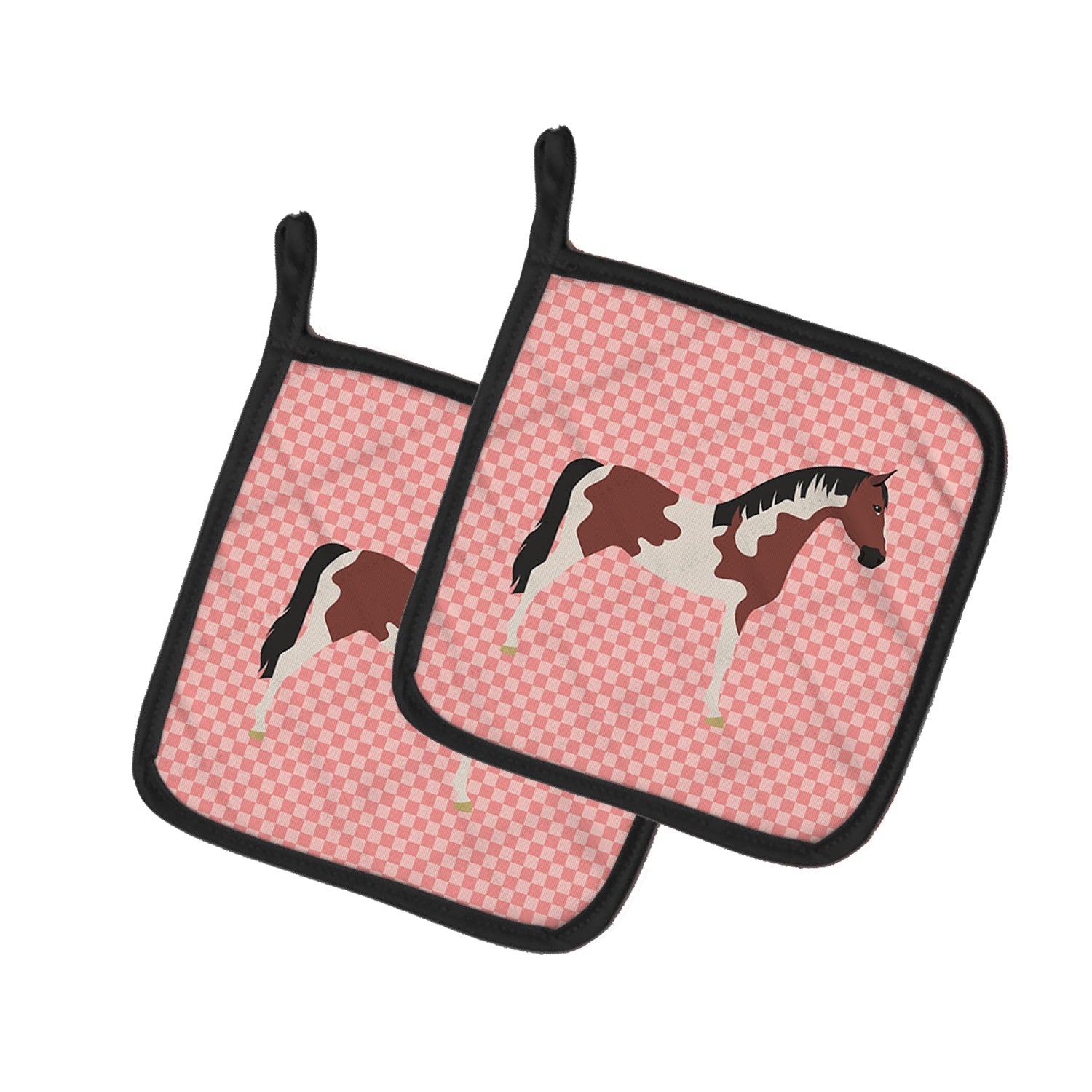Pinto Horse Pink Check Pot Holder Set of 2 Heat Resistant Quilted Hot Pads 7.5 x 7.5 Inch, Insulated Kitchen Trivets for Cooking & Baking