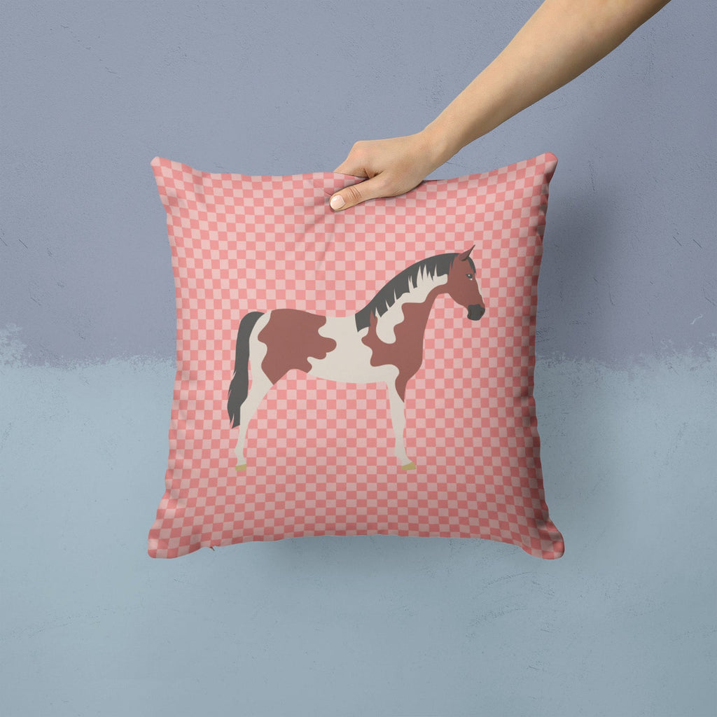 Pinto Horse Pink Check Decorative Throw Pillow 14x14 Indoor Outdoor Accent Cushion, Fabric Cover with Insert for Sofa, Bed, Porch & Living Room