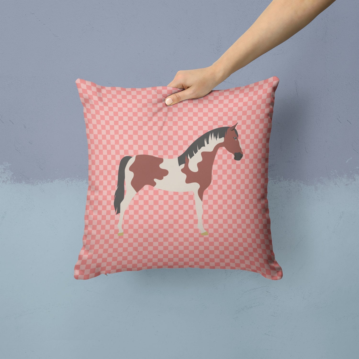 Pinto Horse Pink Check Decorative Throw Pillow 14x14 Indoor Outdoor Accent Cushion, Fabric Cover with Insert for Sofa, Bed, Porch & Living Room