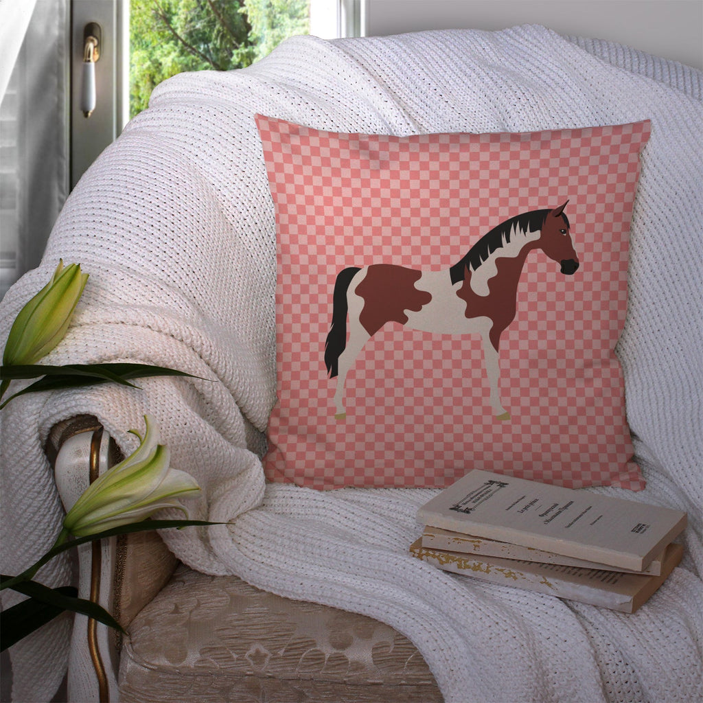 Pinto Horse Pink Check Decorative Throw Pillow 14x14 Indoor Outdoor Accent Cushion, Fabric Cover with Insert for Sofa, Bed, Porch & Living Room