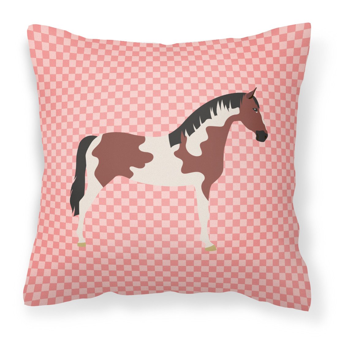 Pinto Horse Pink Check Decorative Throw Pillow 18x18 Indoor Outdoor Accent Cushion, Fabric Cover with Insert for Sofa, Bed, Porch & Living Room