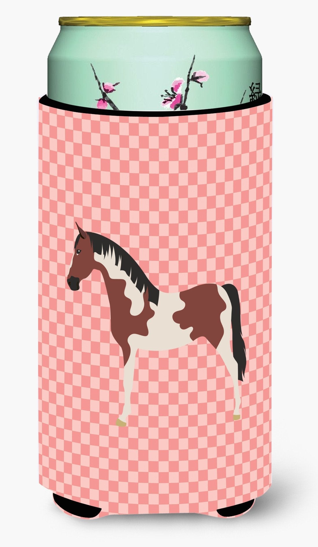 Pinto Horse Pink Check Tall Boy Hugger Can Cooler Sleeve Machine Washable Drink Collapsible Insulator Beverage Insulated Holder
