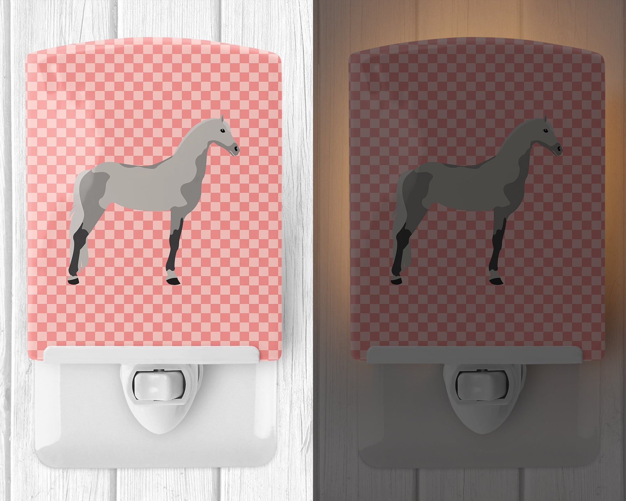 Orlov Trotter Horse Pink Check Ceramic Night Light Compact, UL-Certified, Ideal for Bedroom, Bathroom, Nursery, Hallway, Kitchen, 6x4x3, Multicolor