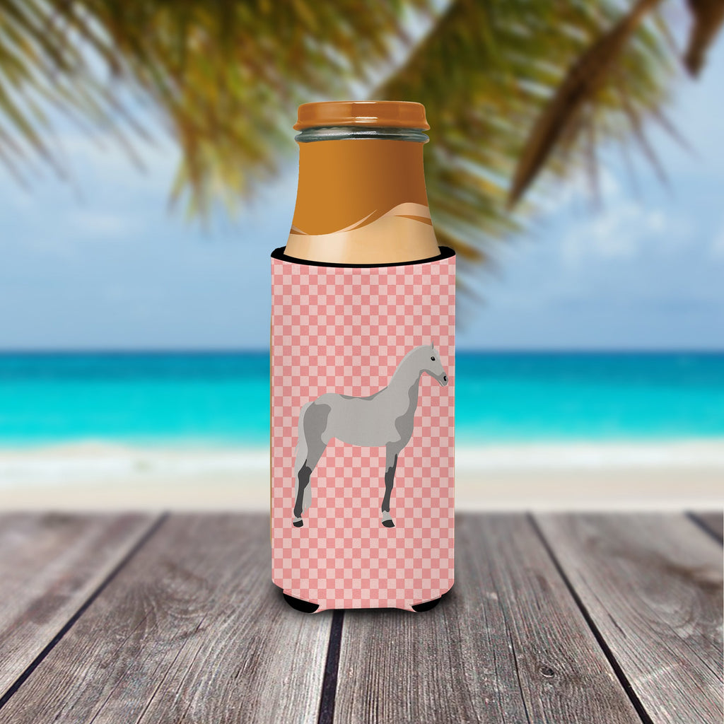 Orlov Trotter Horse Pink Check Slim Can Hugger , Insulated Foam Hugger for 12 oz Slim Cans, Beer Bottles & Water Bottles, Printed in USA