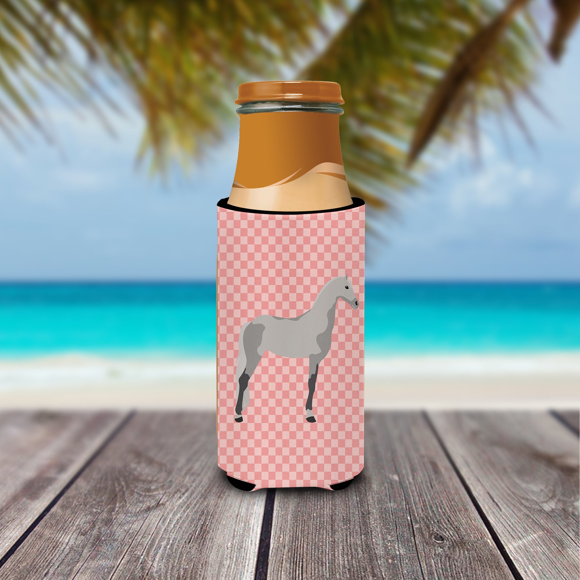 Orlov Trotter Horse Pink Check Slim Can Hugger , Insulated Foam Hugger for 12 oz Slim Cans, Beer Bottles & Water Bottles, Printed in USA