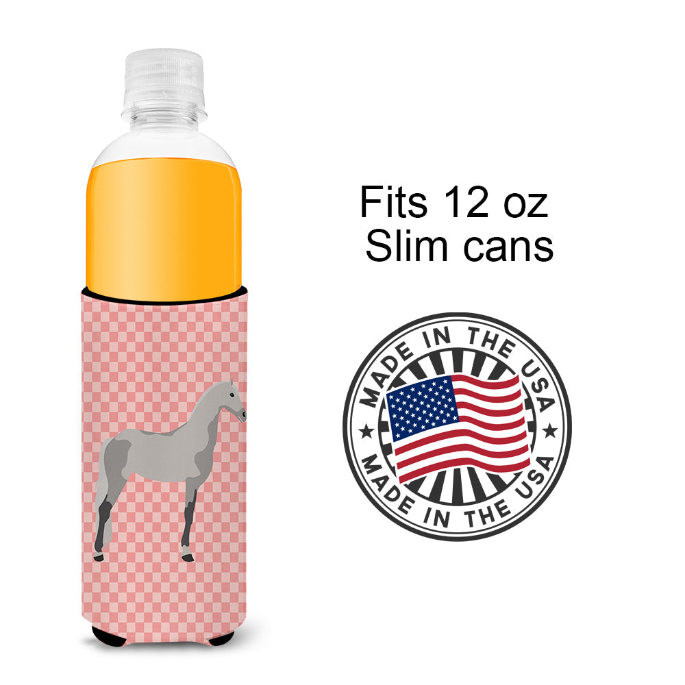 Orlov Trotter Horse Pink Check Slim Can Hugger , Insulated Foam Hugger for 12 oz Slim Cans, Beer Bottles & Water Bottles, Printed in USA