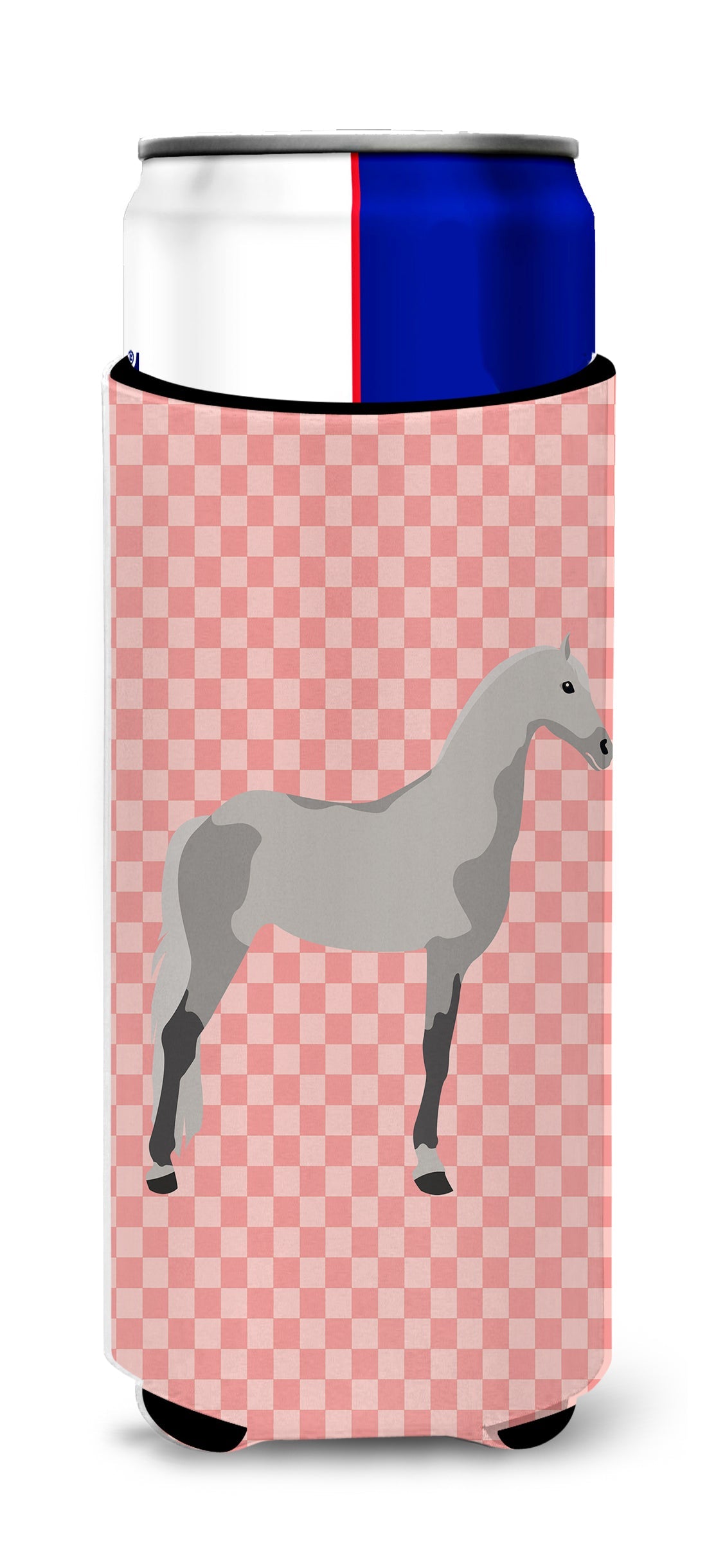 Orlov Trotter Horse Pink Check Slim Can Hugger , Insulated Foam Hugger for 12 oz Slim Cans, Beer Bottles & Water Bottles, Printed in USA