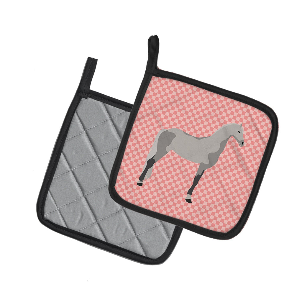 Orlov Trotter Horse Pink Check Pot Holder Set of 2 Heat Resistant Quilted Hot Pads 7.5 x 7.5 Inch, Insulated Kitchen Trivets for Cooking & Baking