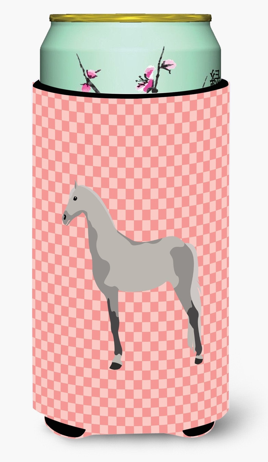 Orlov Trotter Horse Pink Check Tall Boy Hugger Can Cooler Sleeve Machine Washable Drink Collapsible Insulator Beverage Insulated Holder