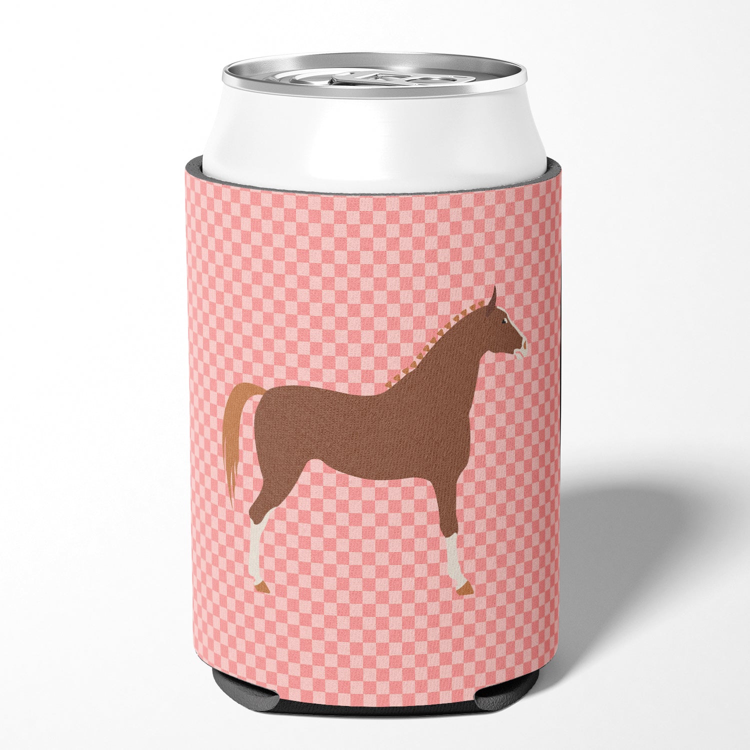 Hannoverian Horse Pink Check Can or Bottle Hugger Cooler Sleeve for Standard 12 oz Cans, Insulated Foam Beer & Soda Can Hugger Reusable