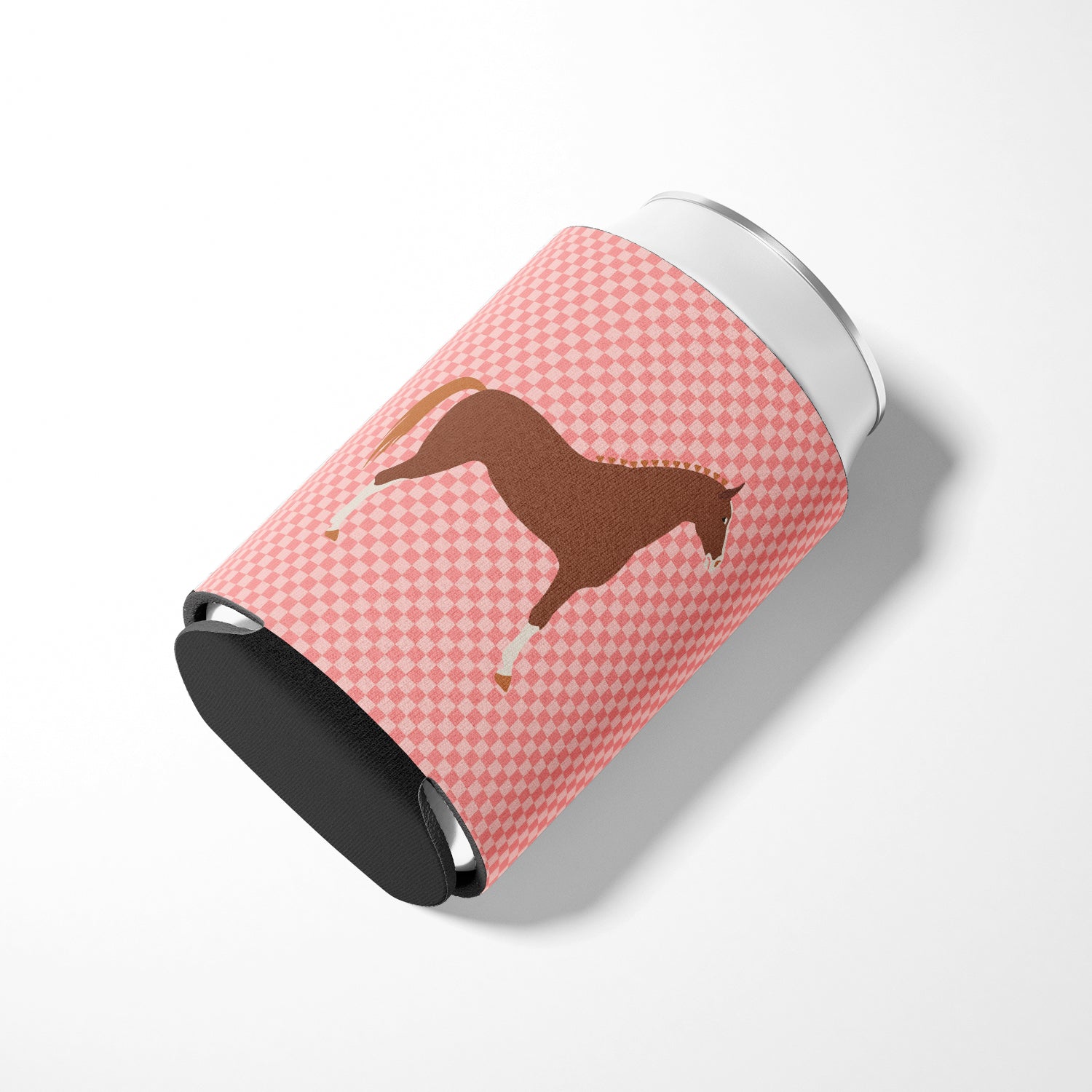 Hannoverian Horse Pink Check Can or Bottle Hugger Cooler Sleeve for Standard 12 oz Cans, Insulated Foam Beer & Soda Can Hugger Reusable