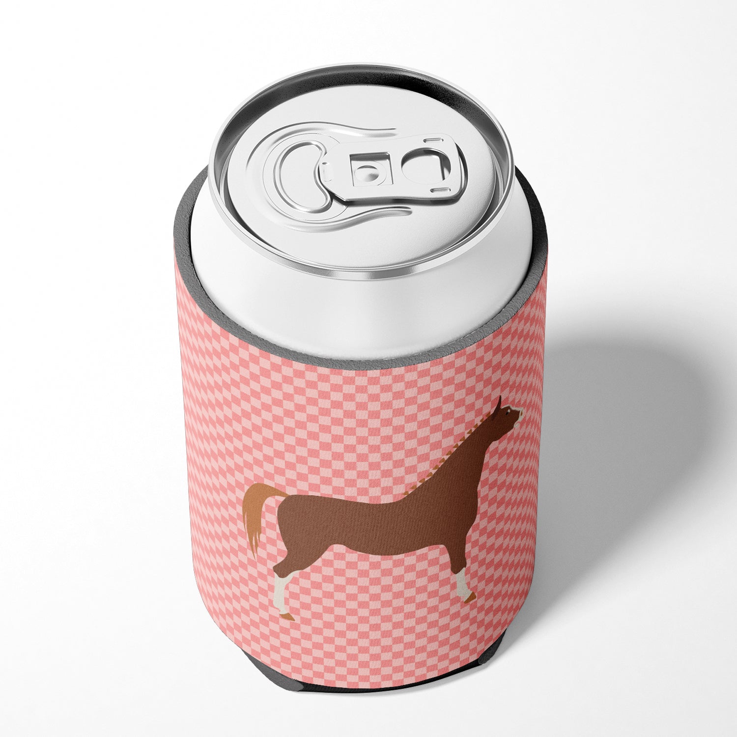 Hannoverian Horse Pink Check Can or Bottle Hugger Cooler Sleeve for Standard 12 oz Cans, Insulated Foam Beer & Soda Can Hugger Reusable