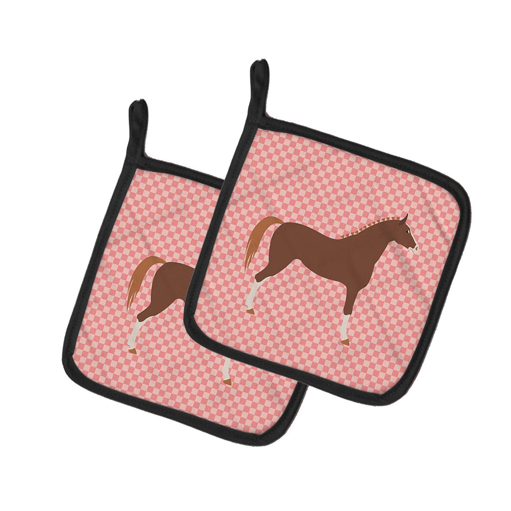 Hannoverian Horse Pink Check Pot Holder Set of 2 Heat Resistant Quilted Hot Pads 7.5 x 7.5 Inch, Insulated Kitchen Trivets for Cooking & Baking