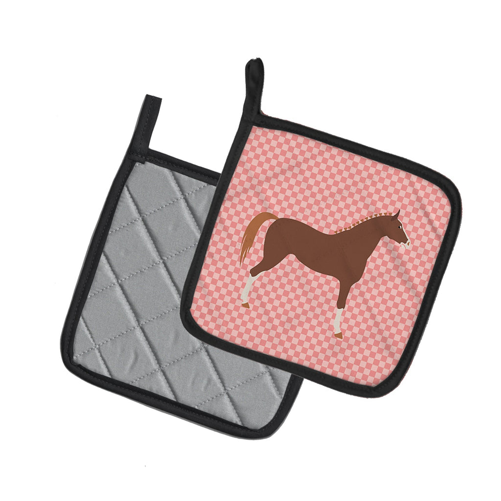 Hannoverian Horse Pink Check Pot Holder Set of 2 Heat Resistant Quilted Hot Pads 7.5 x 7.5 Inch, Insulated Kitchen Trivets for Cooking & Baking