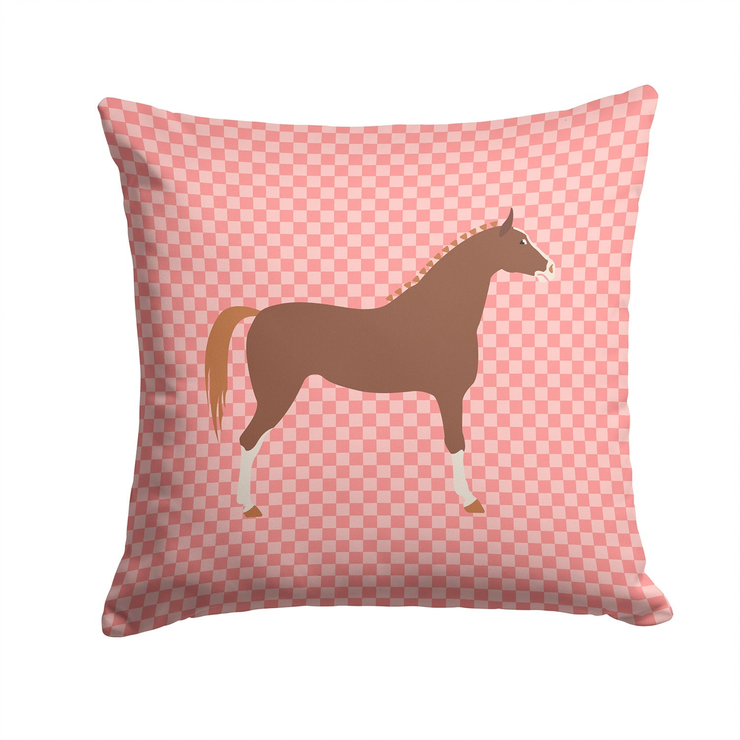 Hannoverian Horse Pink Check Decorative Throw Pillow 14x14 Indoor Outdoor Accent Cushion, Fabric Cover with Insert for Sofa, Bed, Porch & Living Room
