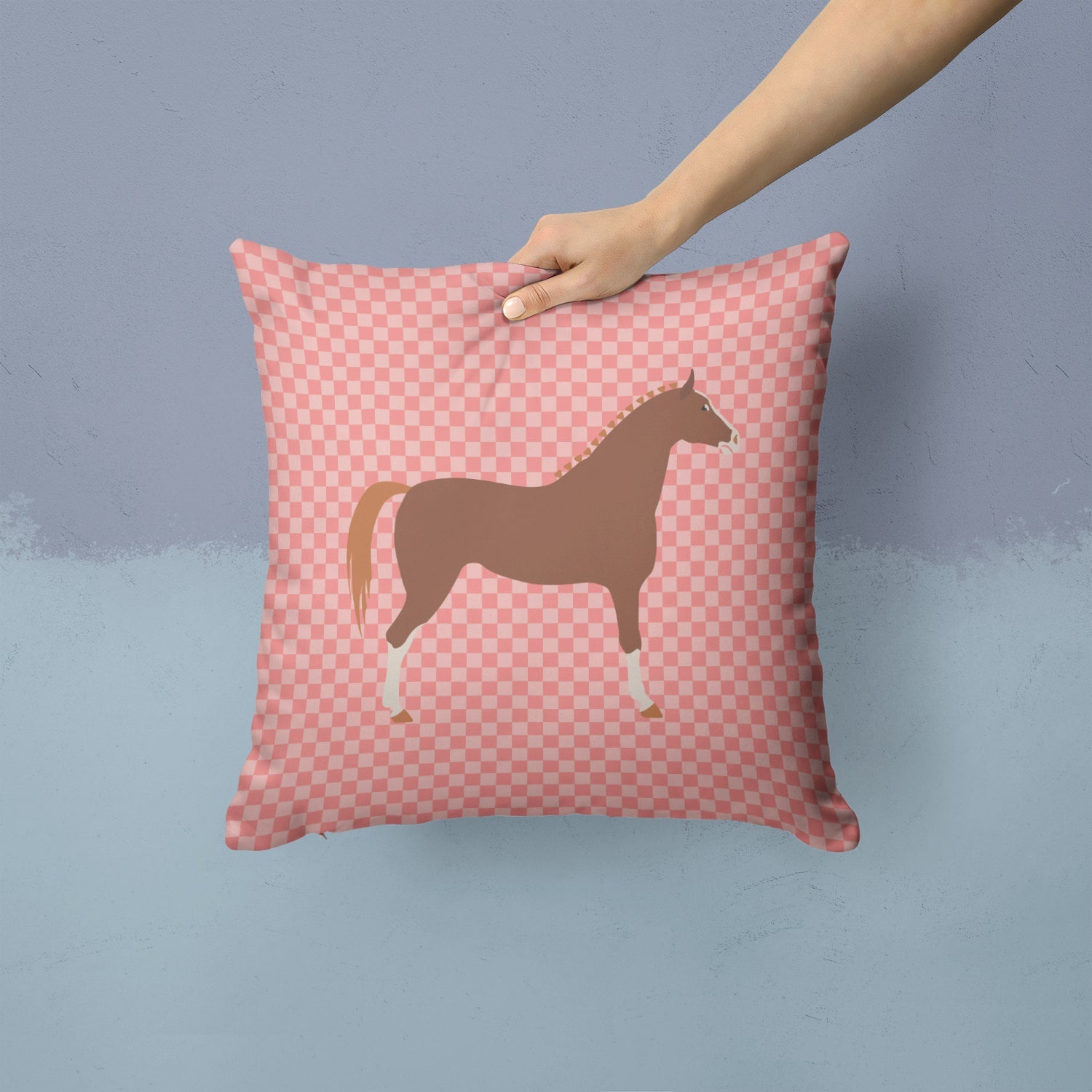 Hannoverian Horse Pink Check Decorative Throw Pillow 14x14 Indoor Outdoor Accent Cushion, Fabric Cover with Insert for Sofa, Bed, Porch & Living Room