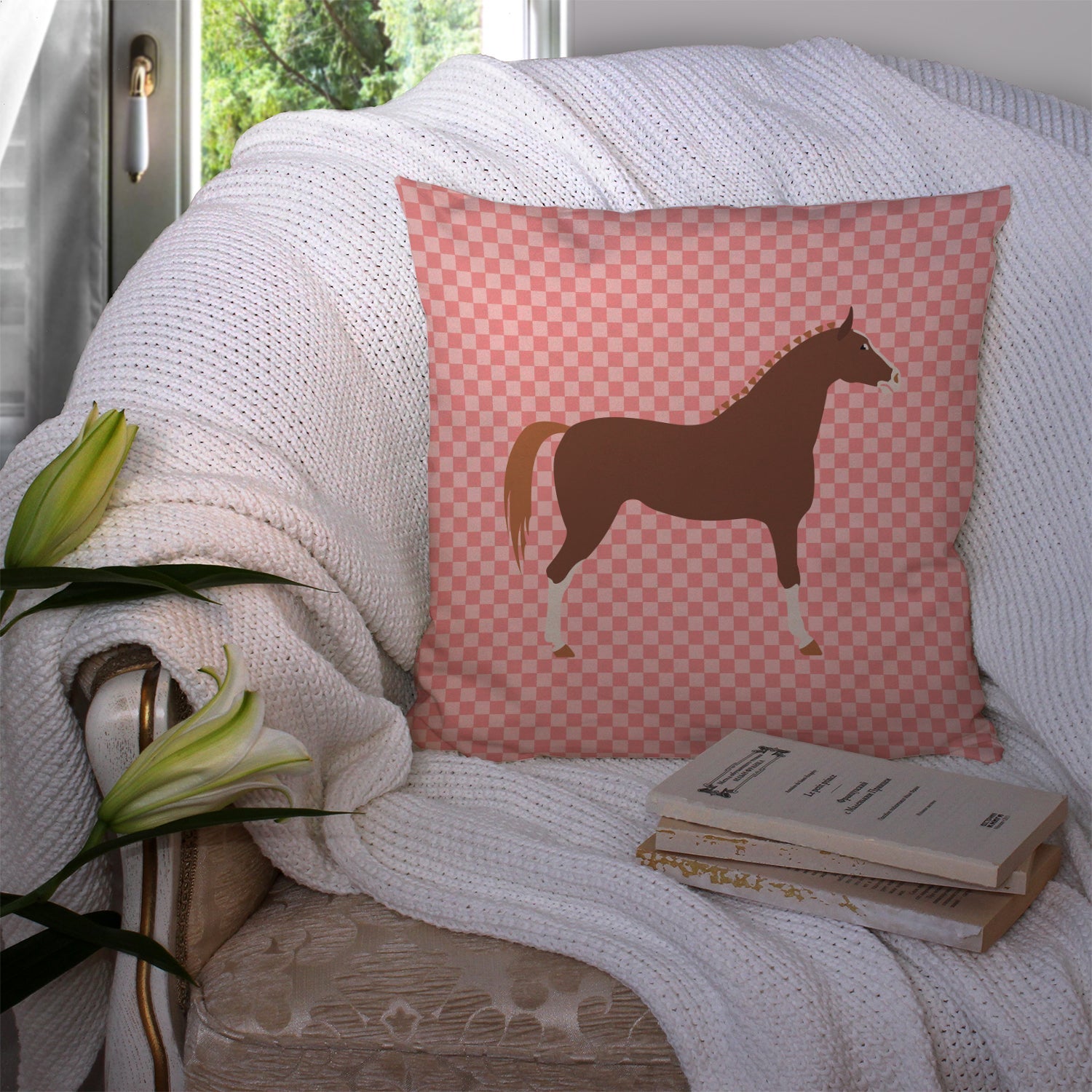 Hannoverian Horse Pink Check Decorative Throw Pillow 14x14 Indoor Outdoor Accent Cushion, Fabric Cover with Insert for Sofa, Bed, Porch & Living Room