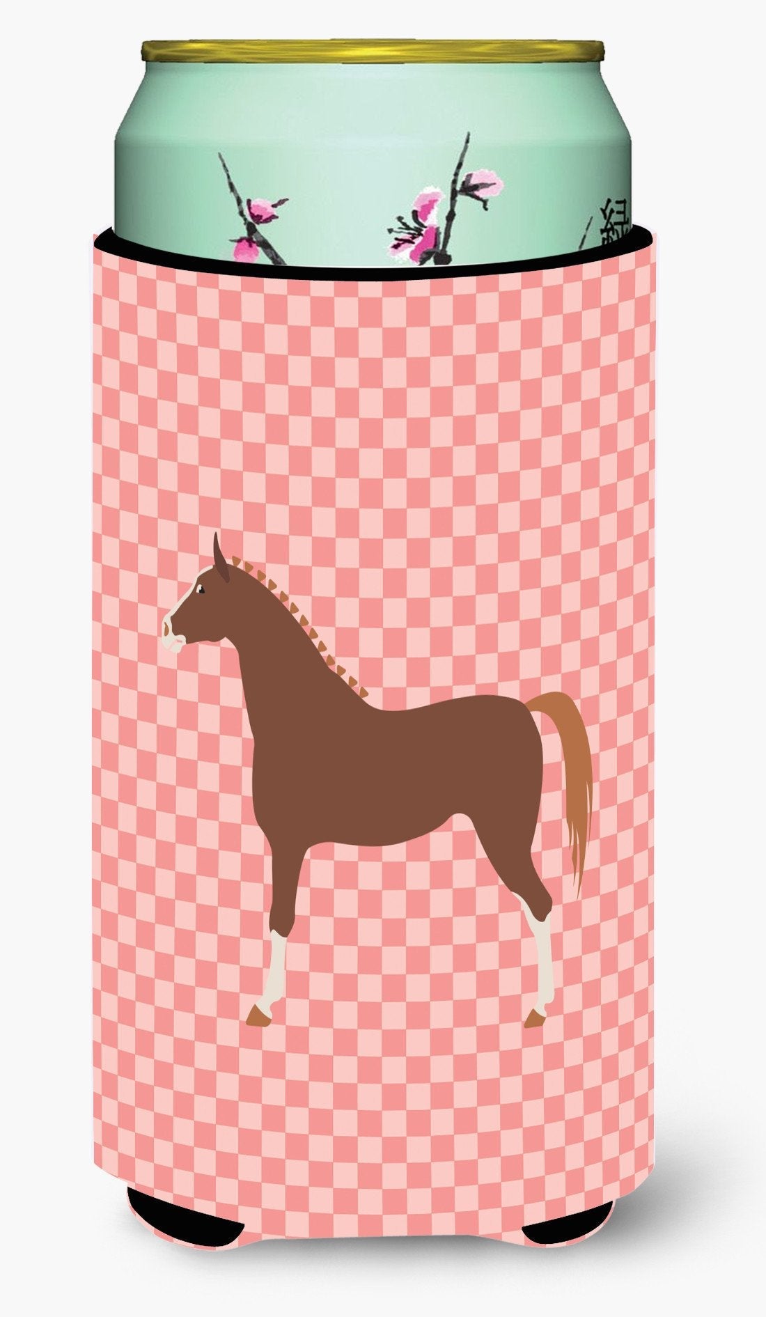 Hannoverian Horse Pink Check Tall Boy Hugger Can Cooler Sleeve Machine Washable Drink Collapsible Insulator Beverage Insulated Holder