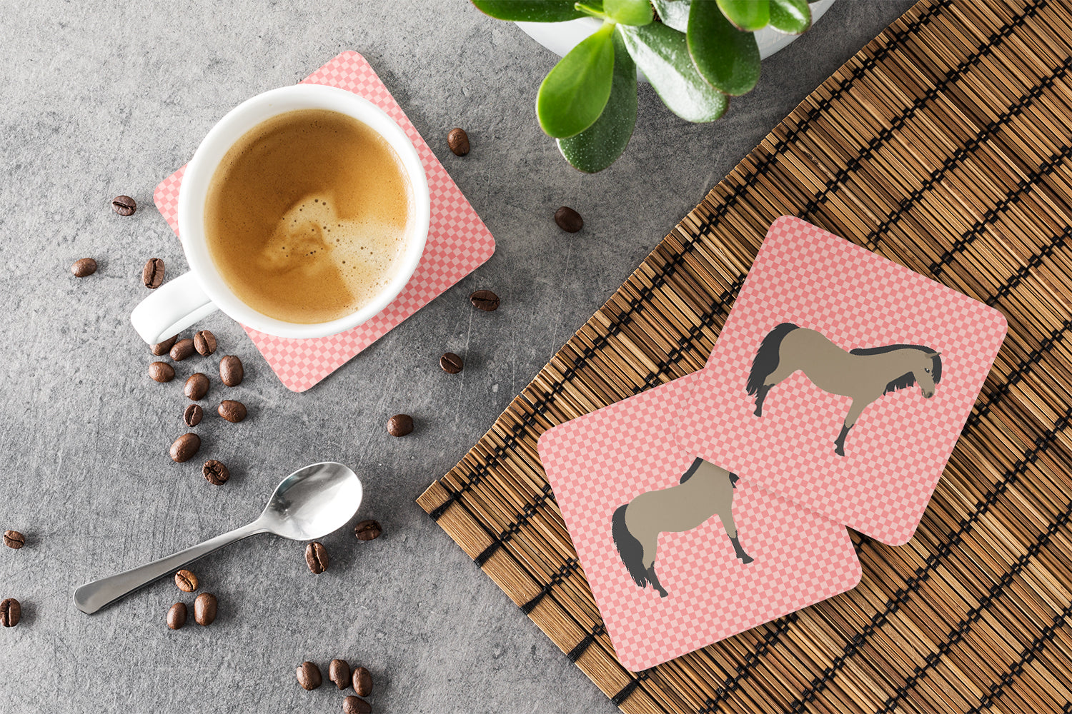 Welsh Pony Horse Pink Check Foam Coasters Set of 4 Cup Coasters for Indoor Outdoor, Tabletop Protection, Anti Slip, Mouse pad Material