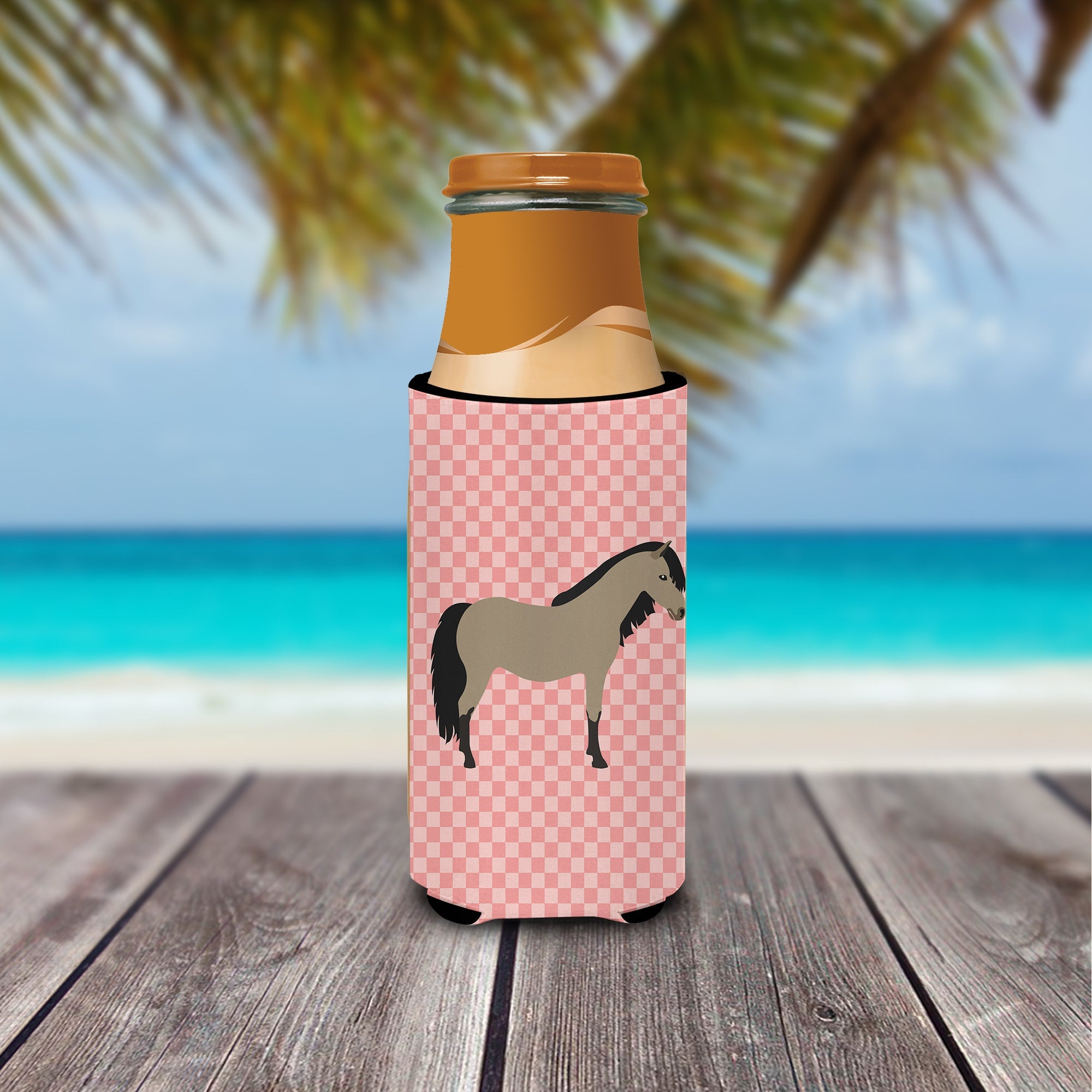 Welsh Pony Horse Pink Check Slim Can Hugger , Insulated Foam Hugger for 12 oz Slim Cans, Beer Bottles & Water Bottles, Printed in USA