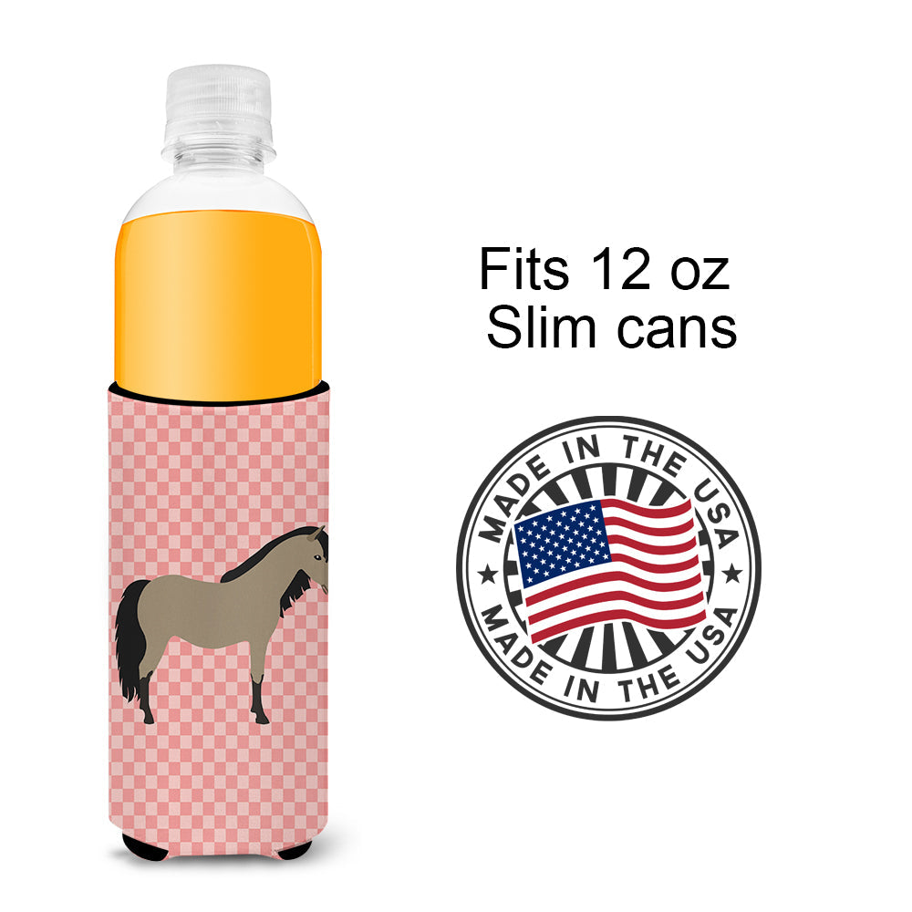 Welsh Pony Horse Pink Check Slim Can Hugger , Insulated Foam Hugger for 12 oz Slim Cans, Beer Bottles & Water Bottles, Printed in USA