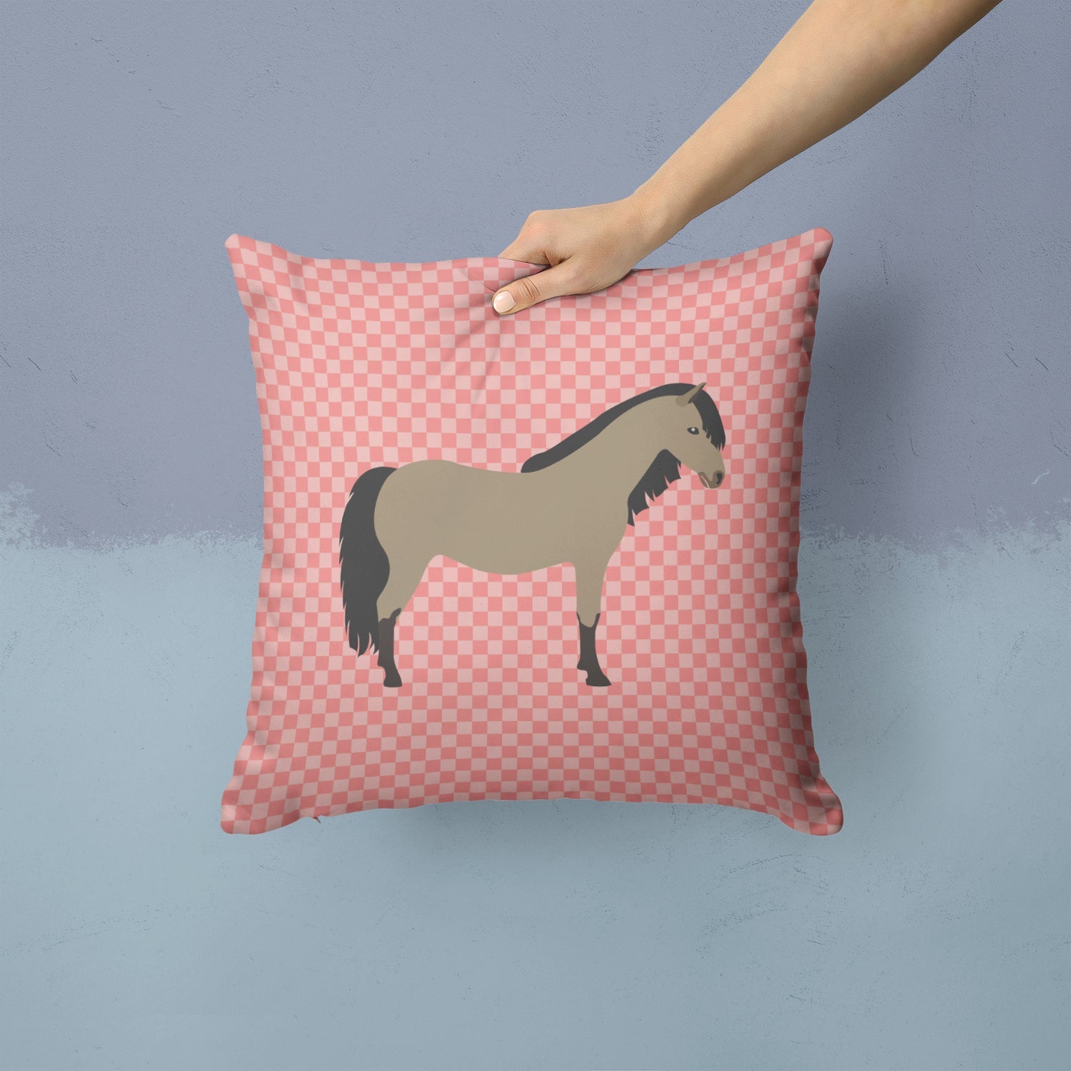 Welsh Pony Horse Pink Check Decorative Throw Pillow 14x14 Indoor Outdoor Accent Cushion, Fabric Cover with Insert for Sofa, Bed, Porch & Living Room