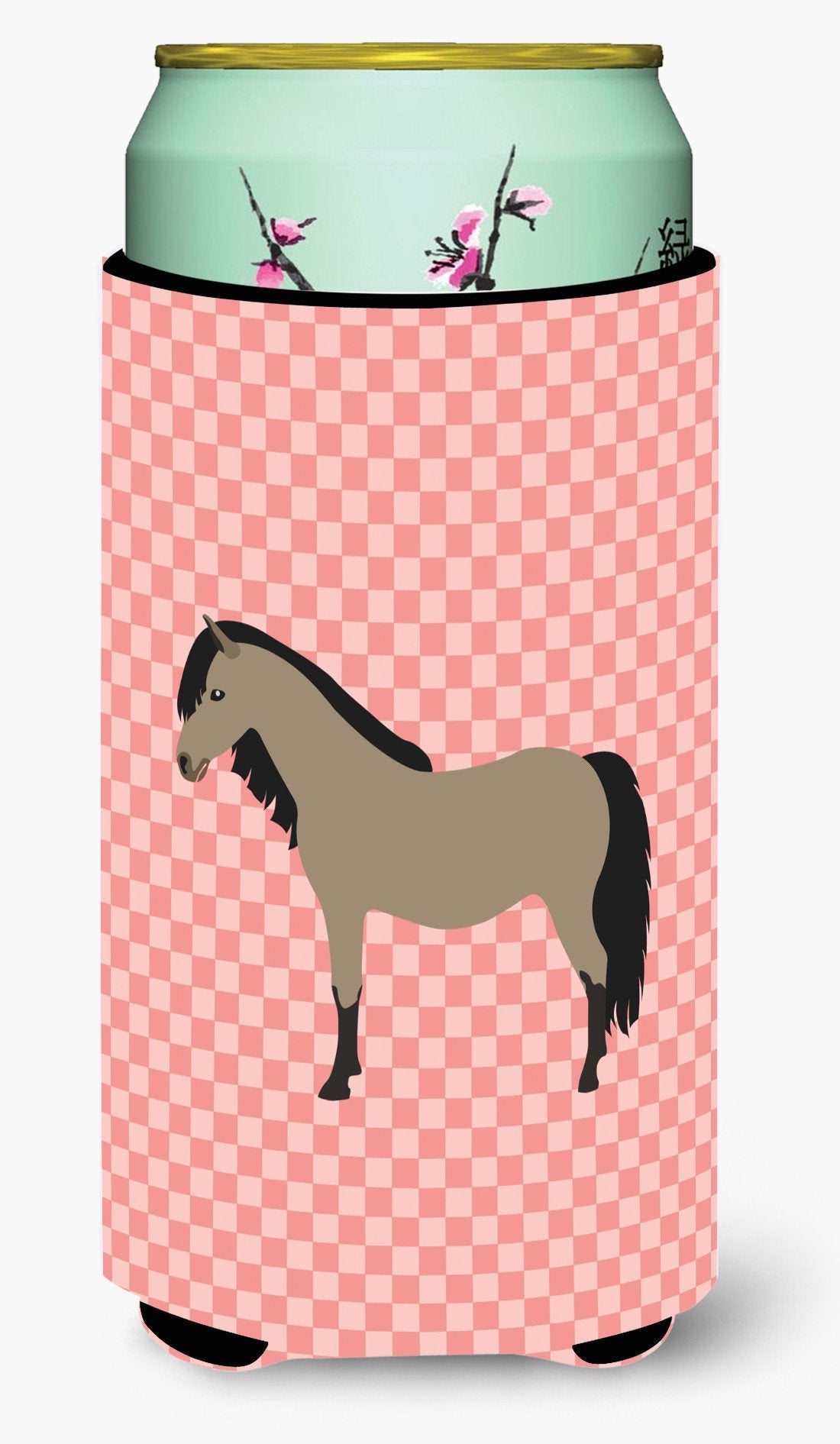 Welsh Pony Horse Pink Check Tall Boy Hugger Can Cooler Sleeve Machine Washable Drink Collapsible Insulator Beverage Insulated Holder