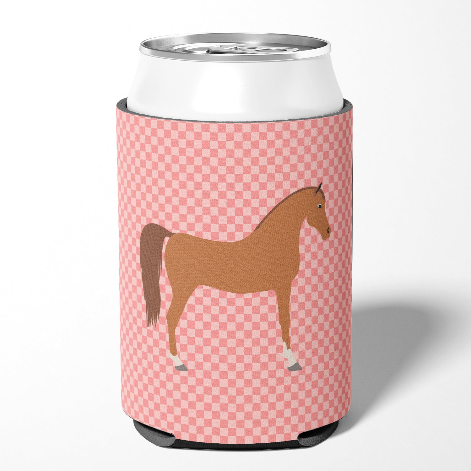 Arabian Horse Pink Check Can or Bottle Hugger Cooler Sleeve for Standard 12 oz Cans, Insulated Foam Beer & Soda Can Hugger Reusable