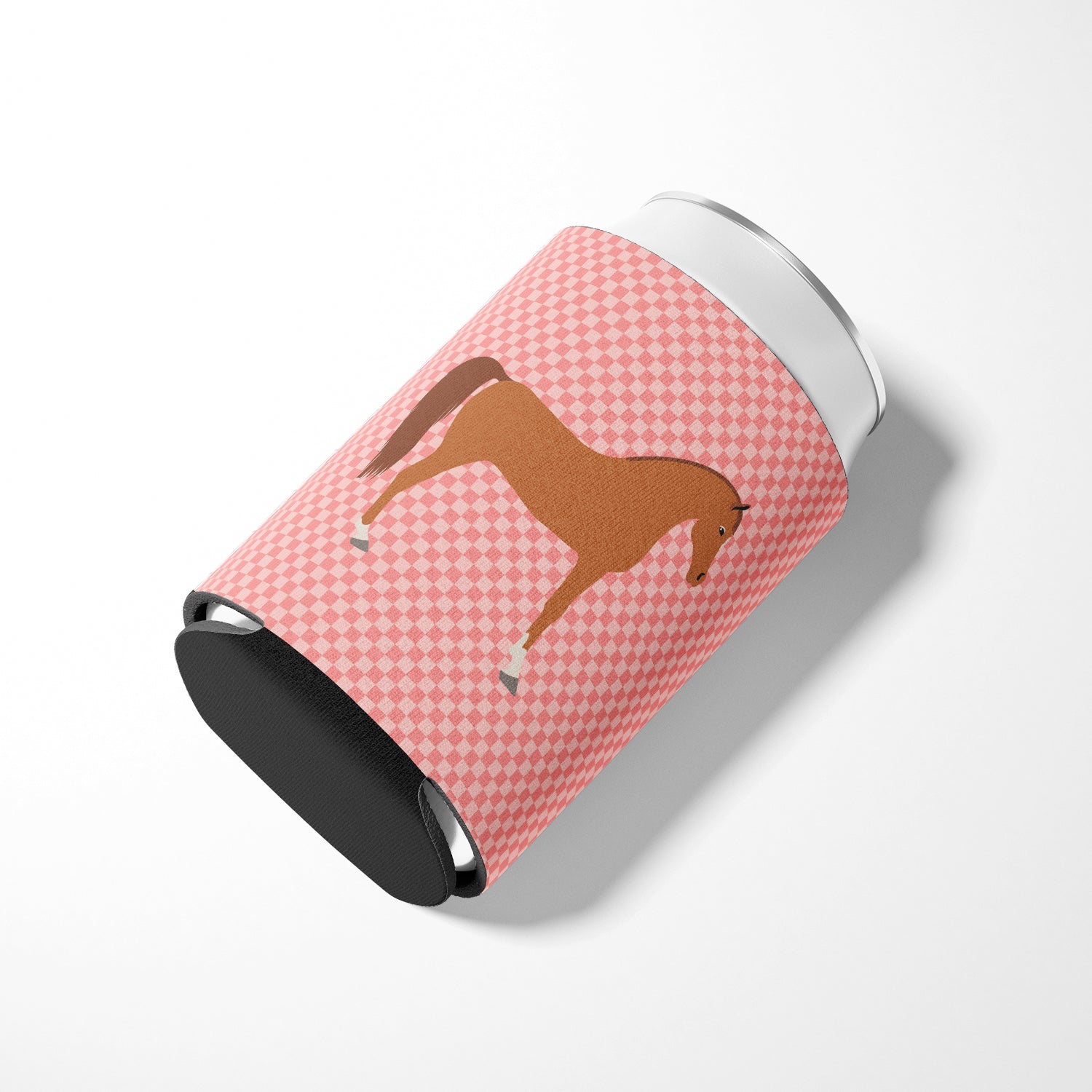 Arabian Horse Pink Check Can or Bottle Hugger Cooler Sleeve for Standard 12 oz Cans, Insulated Foam Beer & Soda Can Hugger Reusable