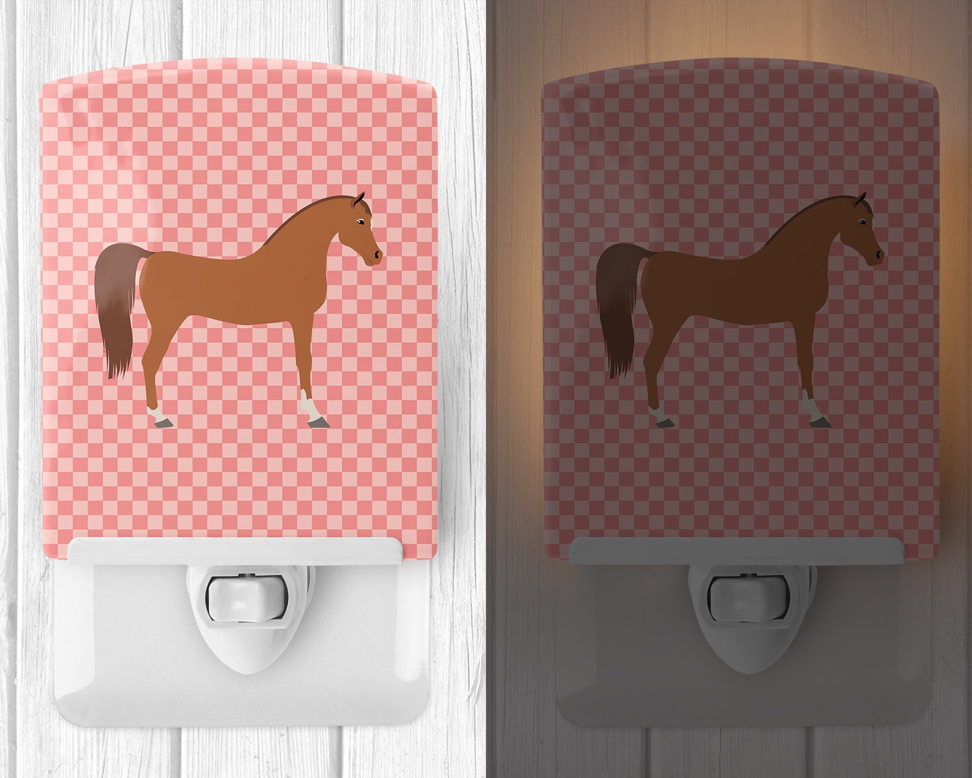 Arabian Horse Pink Check Ceramic Night Light Compact, UL-Certified, Ideal for Bedroom, Bathroom, Nursery, Hallway, Kitchen, 6x4x3, Multicolor