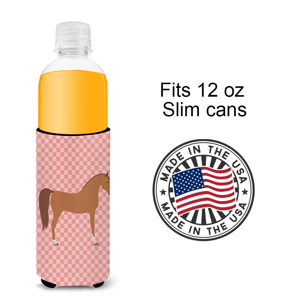 Arabian Horse Pink Check Slim Can Hugger , Insulated Foam Hugger for 12 oz Slim Cans, Beer Bottles & Water Bottles, Printed in USA