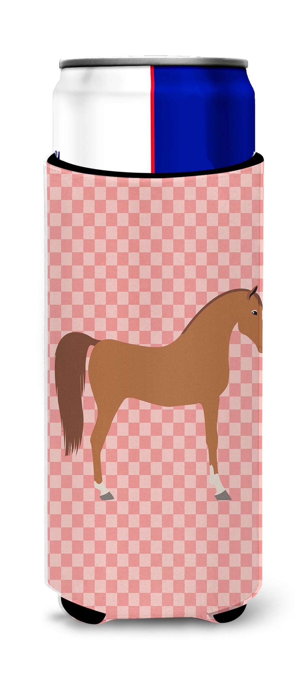 Arabian Horse Pink Check Slim Can Hugger , Insulated Foam Hugger for 12 oz Slim Cans, Beer Bottles & Water Bottles, Printed in USA