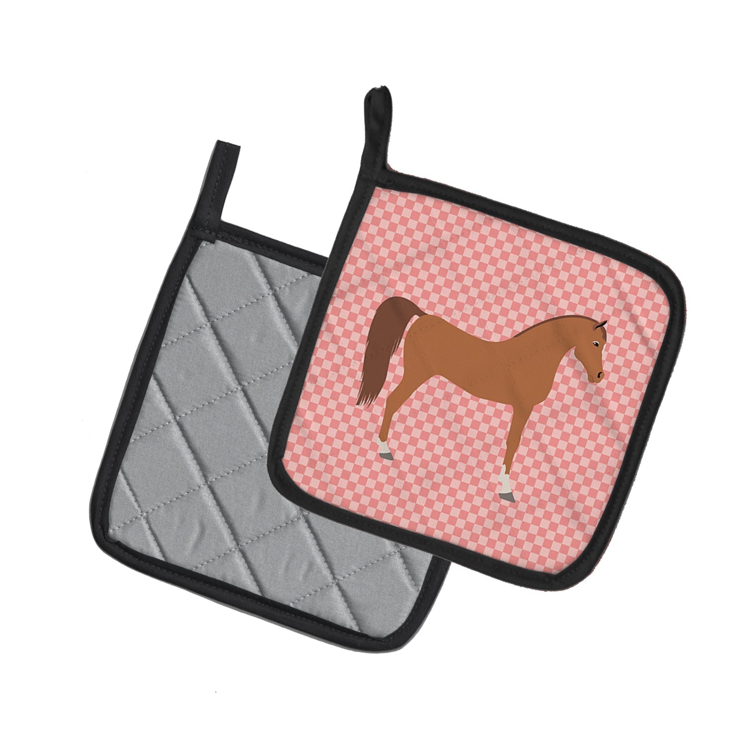 Arabian Horse Pink Check Pot Holder Set of 2 Heat Resistant Quilted Hot Pads 7.5 x 7.5 Inch, Insulated Kitchen Trivets for Cooking & Baking