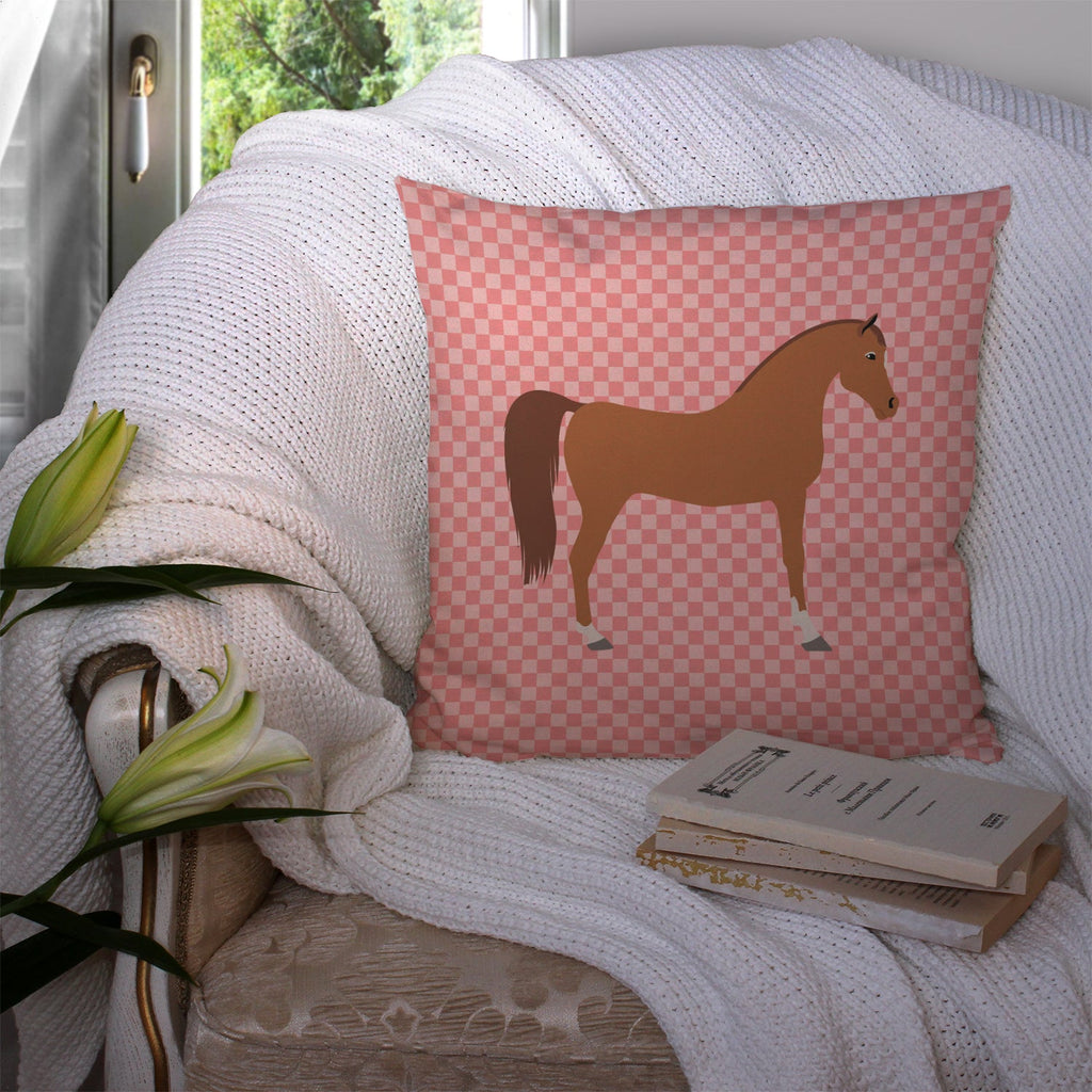 Arabian Horse Pink Check Decorative Throw Pillow 14x14 Indoor Outdoor Accent Cushion, Fabric Cover with Insert for Sofa, Bed, Porch & Living Room
