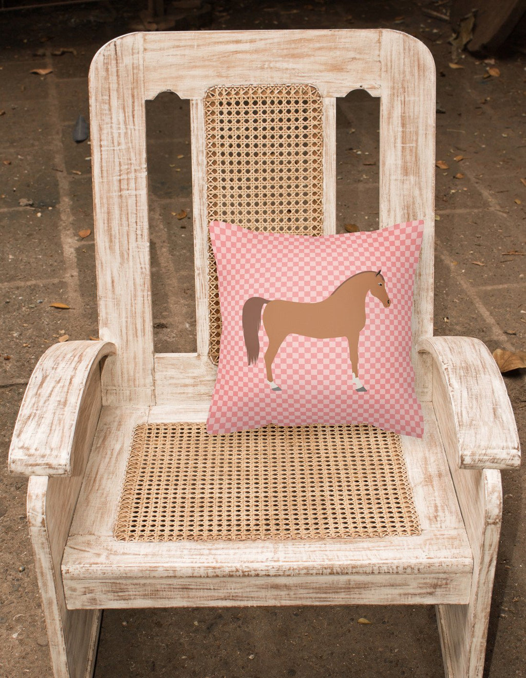 Arabian Horse Pink Check Decorative Throw Pillow 18x18 Indoor Outdoor Accent Cushion, Fabric Cover with Insert for Sofa, Bed, Porch & Living Room