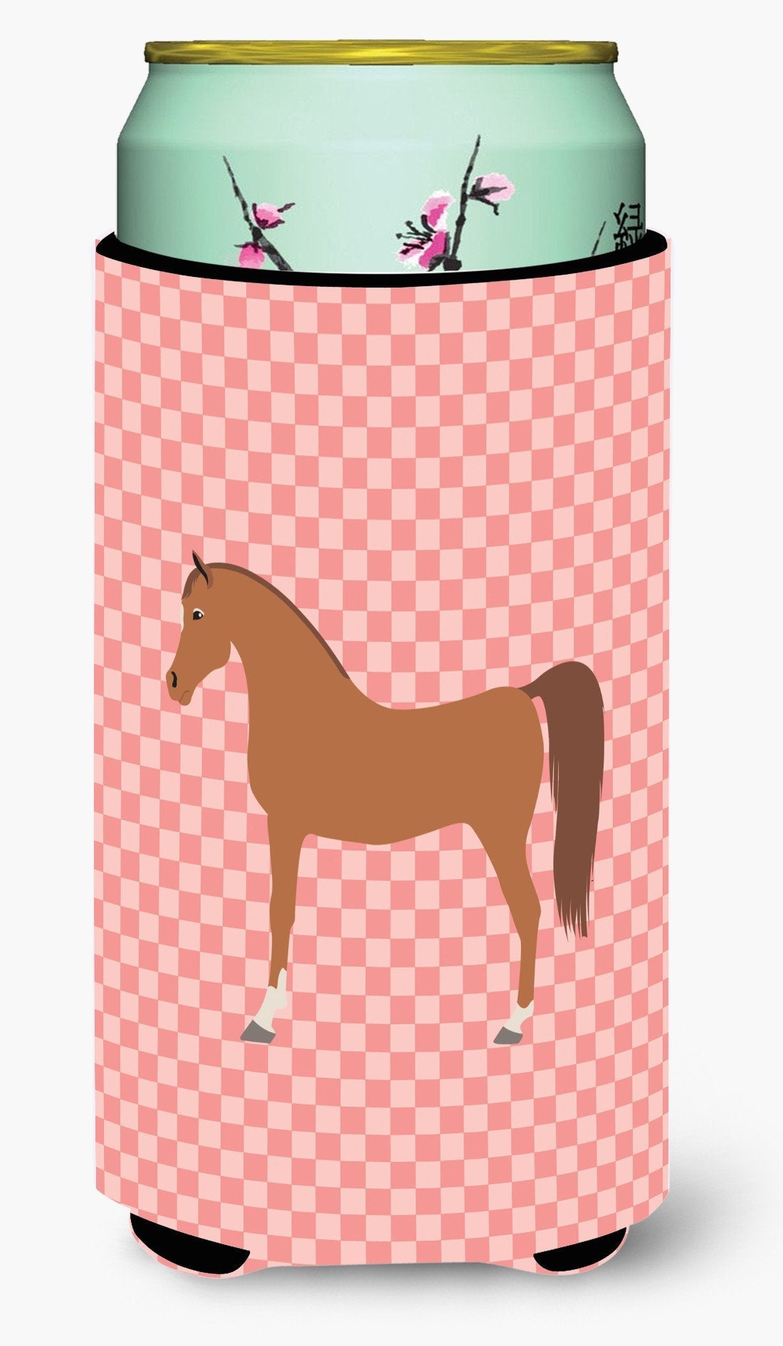 Arabian Horse Pink Check Tall Boy Hugger Can Cooler Sleeve Machine Washable Drink Collapsible Insulator Beverage Insulated Holder