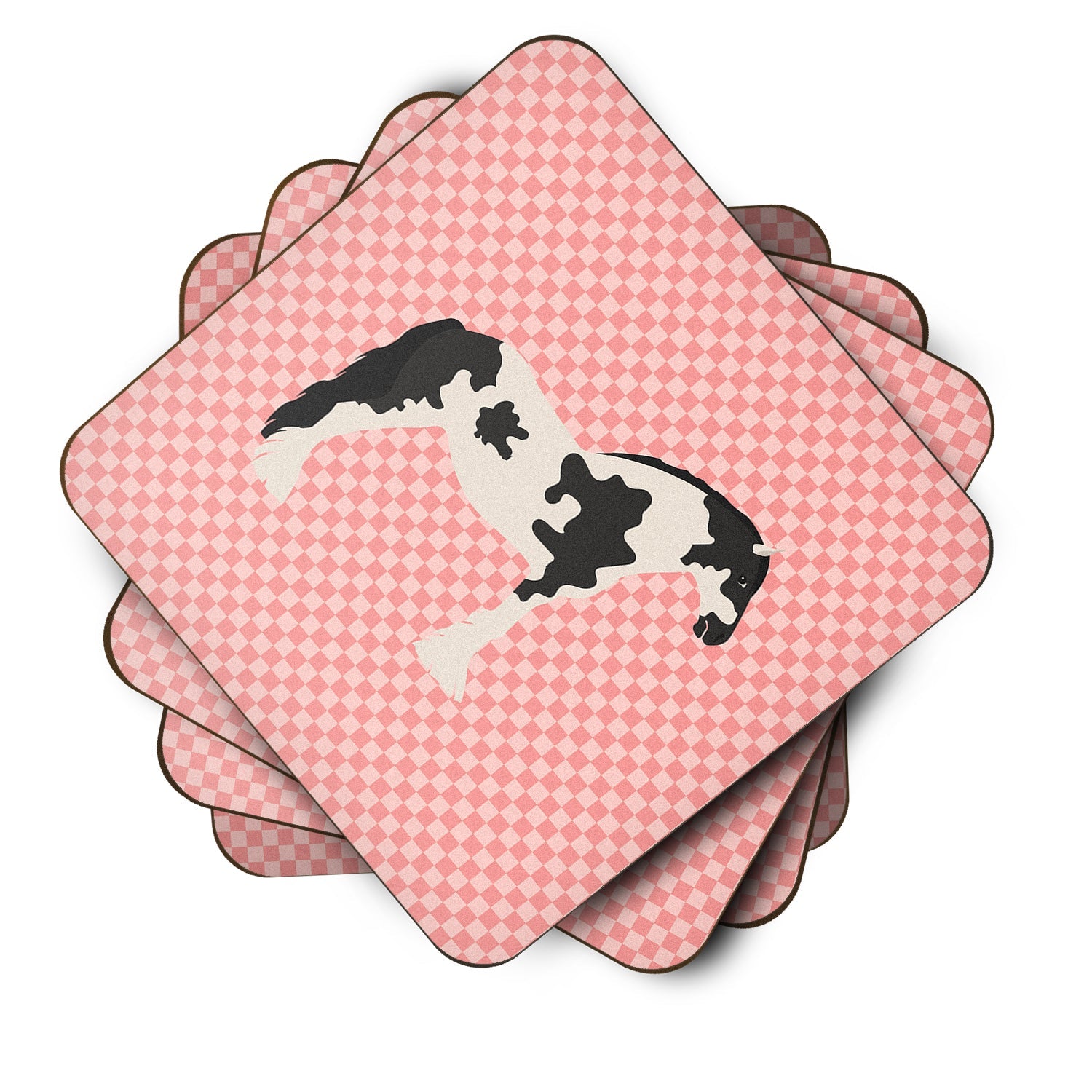 Cyldesdale Horse Pink Check Foam Coasters Set of 4 Cup Coasters for Indoor Outdoor, Tabletop Protection, Anti Slip, Mouse pad Material