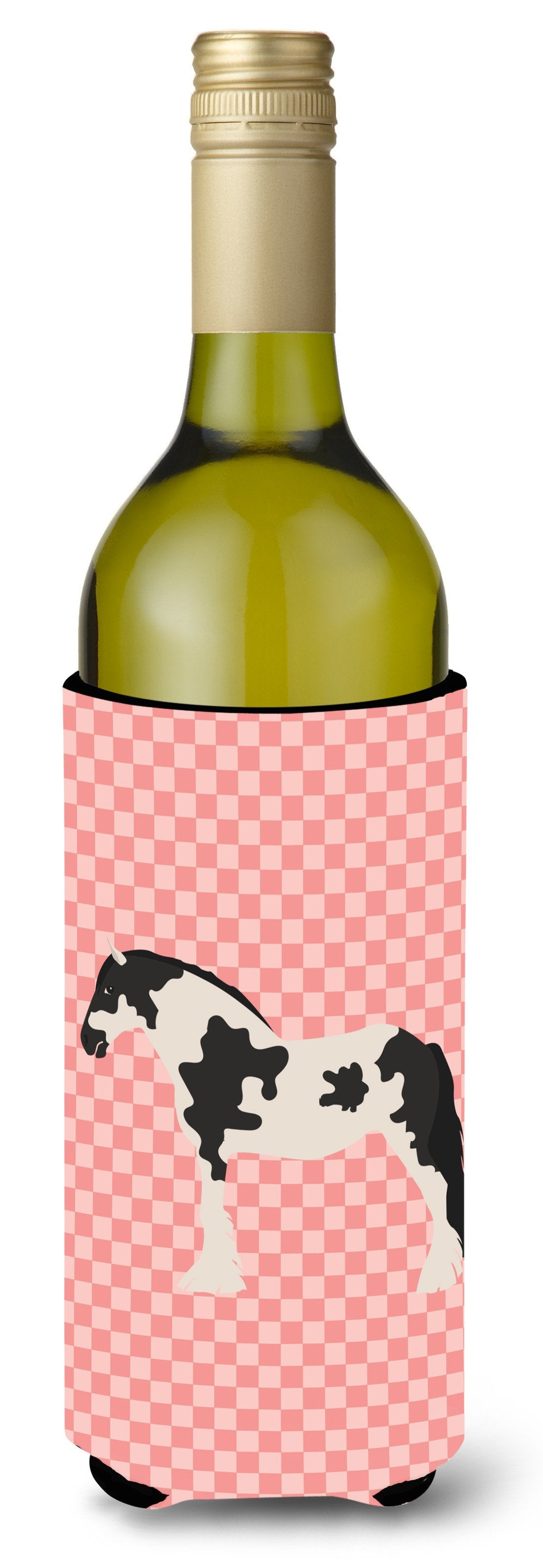 Cyldesdale Horse Pink Check Wine Bottle Hugger Gift Sleeve for Standard 750 ml Bottles, Insulated Reusable Also Fits Mini Shot & Pint Bottles
