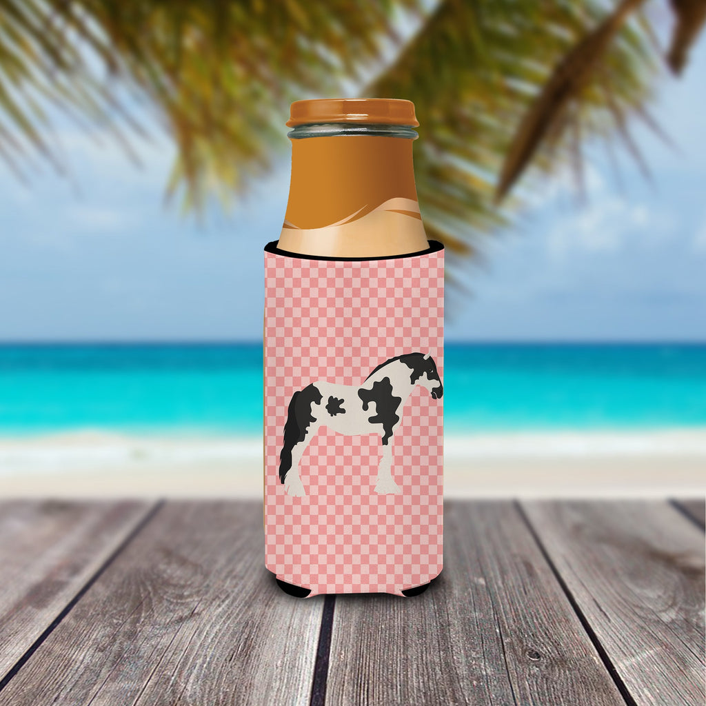 Cyldesdale Horse Pink Check Slim Can Hugger , Insulated Foam Hugger for 12 oz Slim Cans, Beer Bottles & Water Bottles, Printed in USA