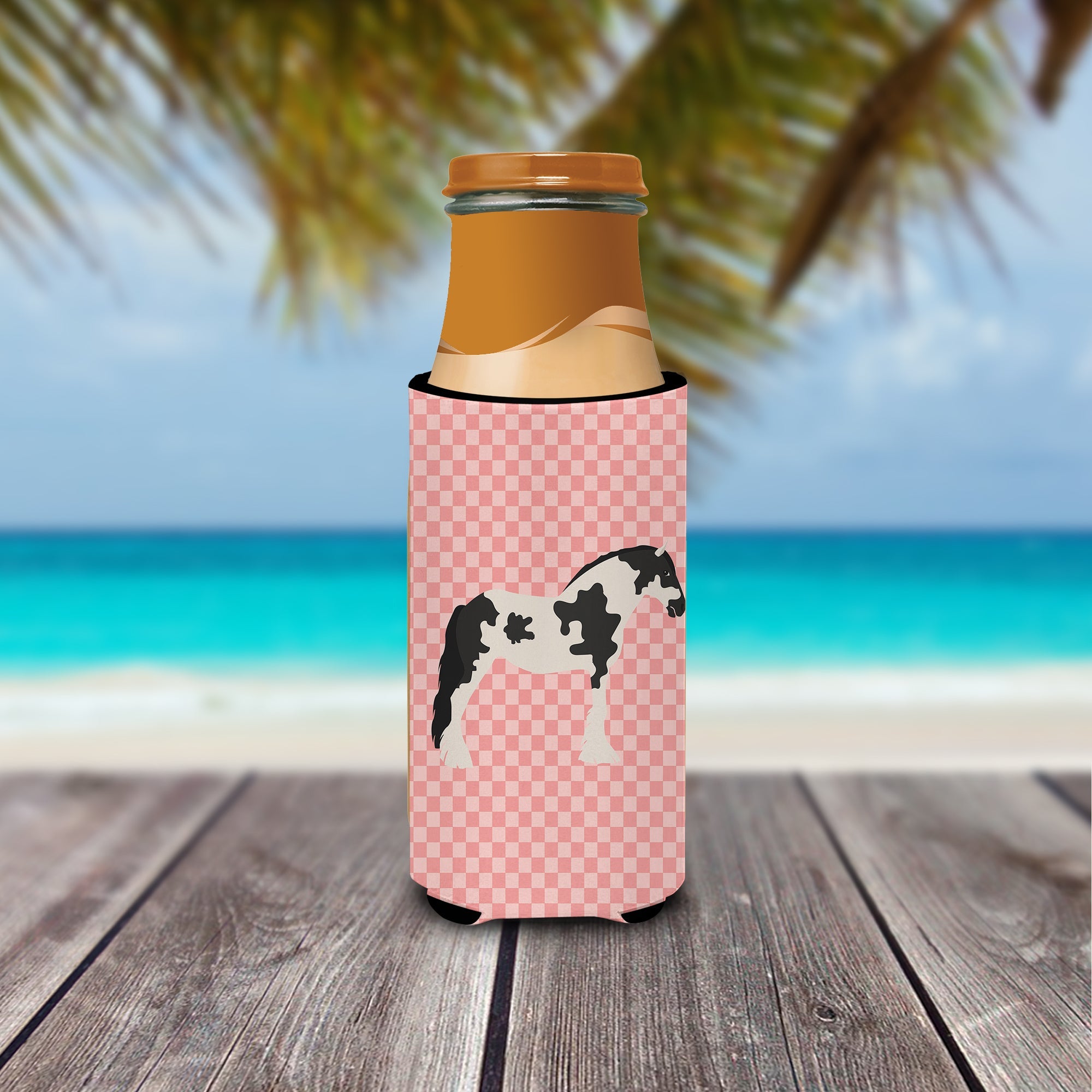 Cyldesdale Horse Pink Check Slim Can Hugger , Insulated Foam Hugger for 12 oz Slim Cans, Beer Bottles & Water Bottles, Printed in USA