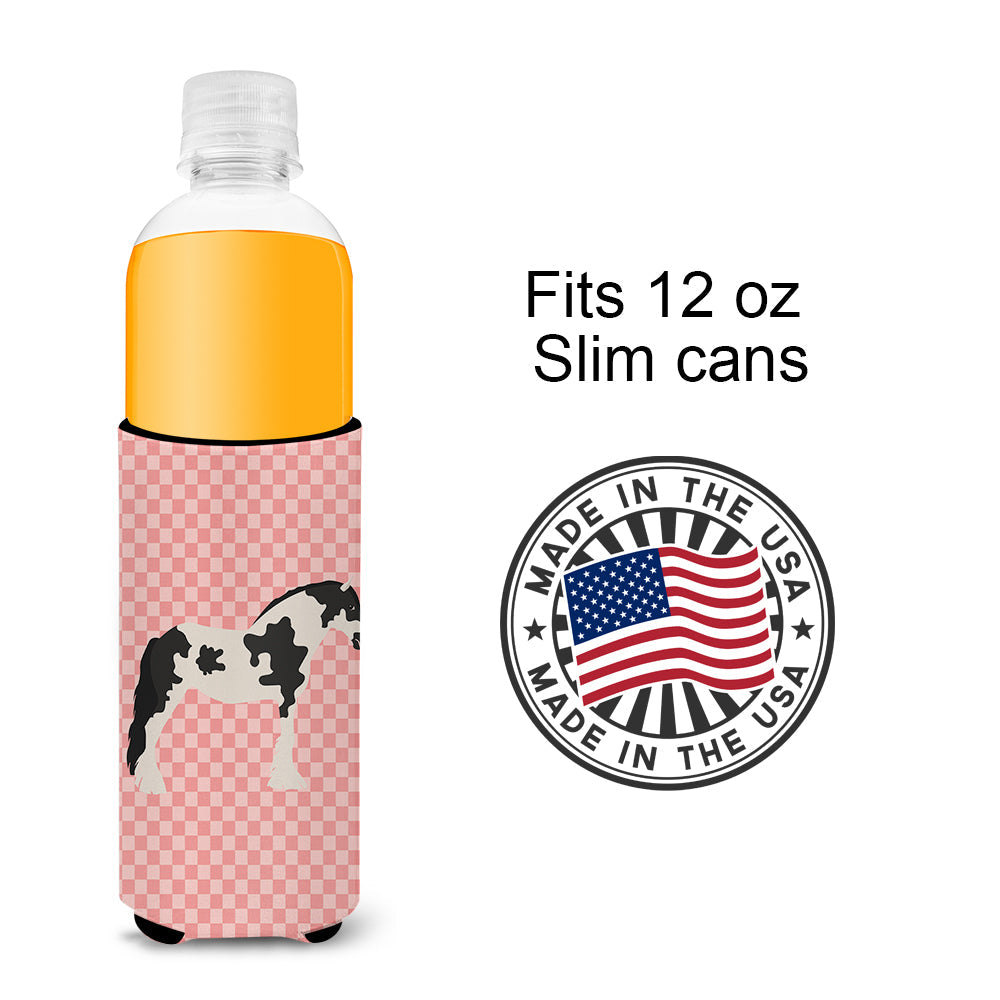 Cyldesdale Horse Pink Check Slim Can Hugger , Insulated Foam Hugger for 12 oz Slim Cans, Beer Bottles & Water Bottles, Printed in USA