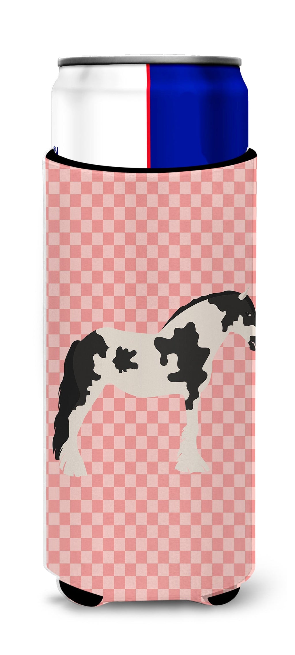 Cyldesdale Horse Pink Check Slim Can Hugger , Insulated Foam Hugger for 12 oz Slim Cans, Beer Bottles & Water Bottles, Printed in USA