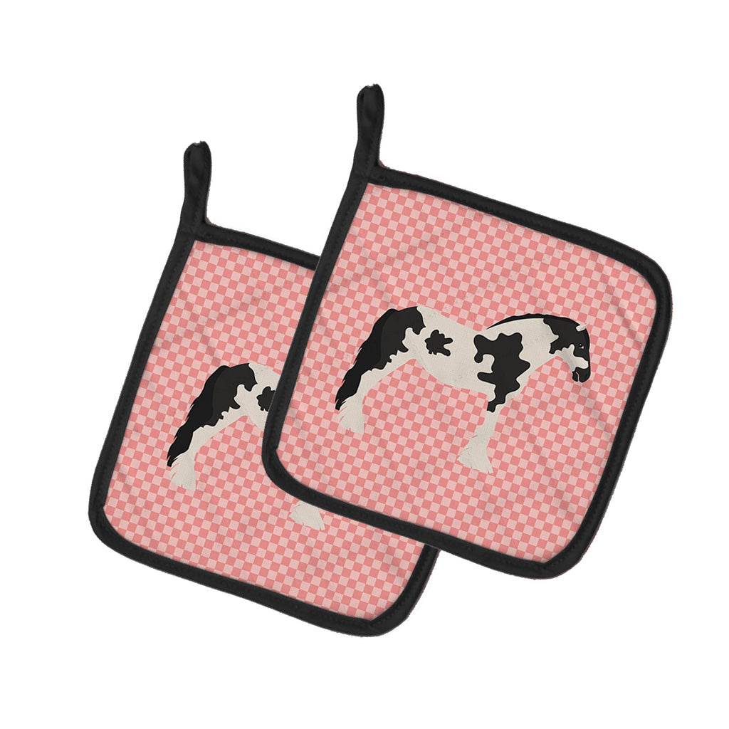 Cyldesdale Horse Pink Check Pot Holder Set of 2 Heat Resistant Quilted Hot Pads 7.5 x 7.5 Inch, Insulated Kitchen Trivets for Cooking & Baking