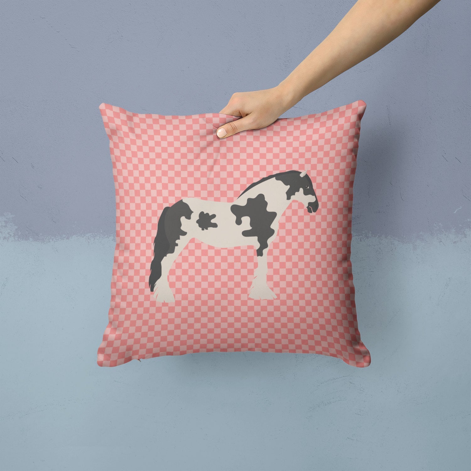 Cyldesdale Horse Pink Check Decorative Throw Pillow 14x14 Indoor Outdoor Accent Cushion, Fabric Cover with Insert for Sofa, Bed, Porch & Living Room