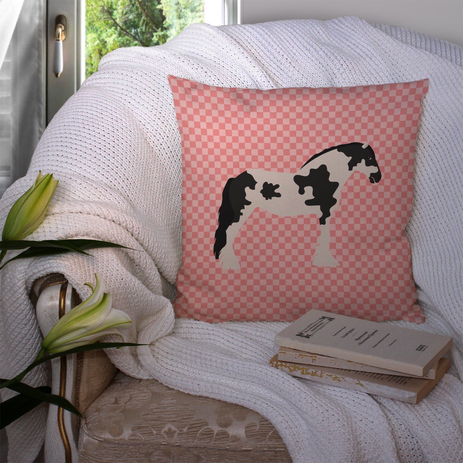 Cyldesdale Horse Pink Check Decorative Throw Pillow 14x14 Indoor Outdoor Accent Cushion, Fabric Cover with Insert for Sofa, Bed, Porch & Living Room