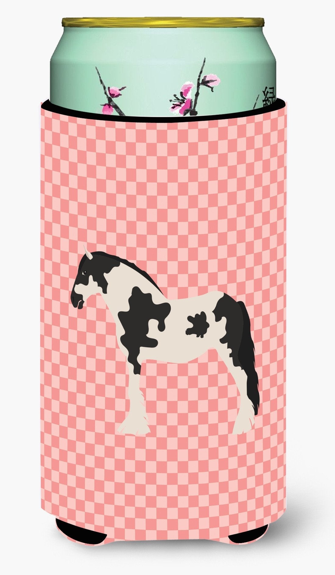 Cyldesdale Horse Pink Check Tall Boy Hugger Can Cooler Sleeve Machine Washable Drink Collapsible Insulator Beverage Insulated Holder