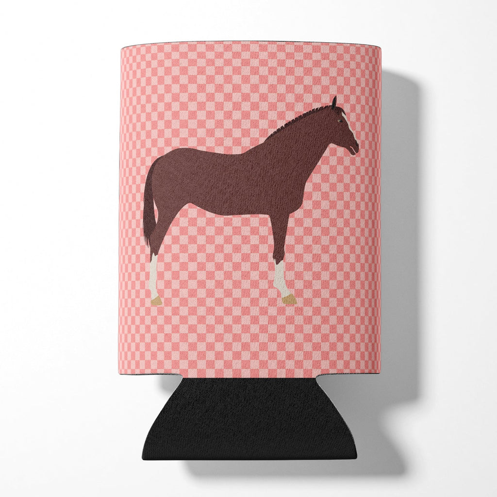 English Thoroughbred Horse Pink Check Can or Bottle Hugger Cooler Sleeve for Standard 12 oz Cans, Insulated Foam Beer & Soda Can Hugger Reusable