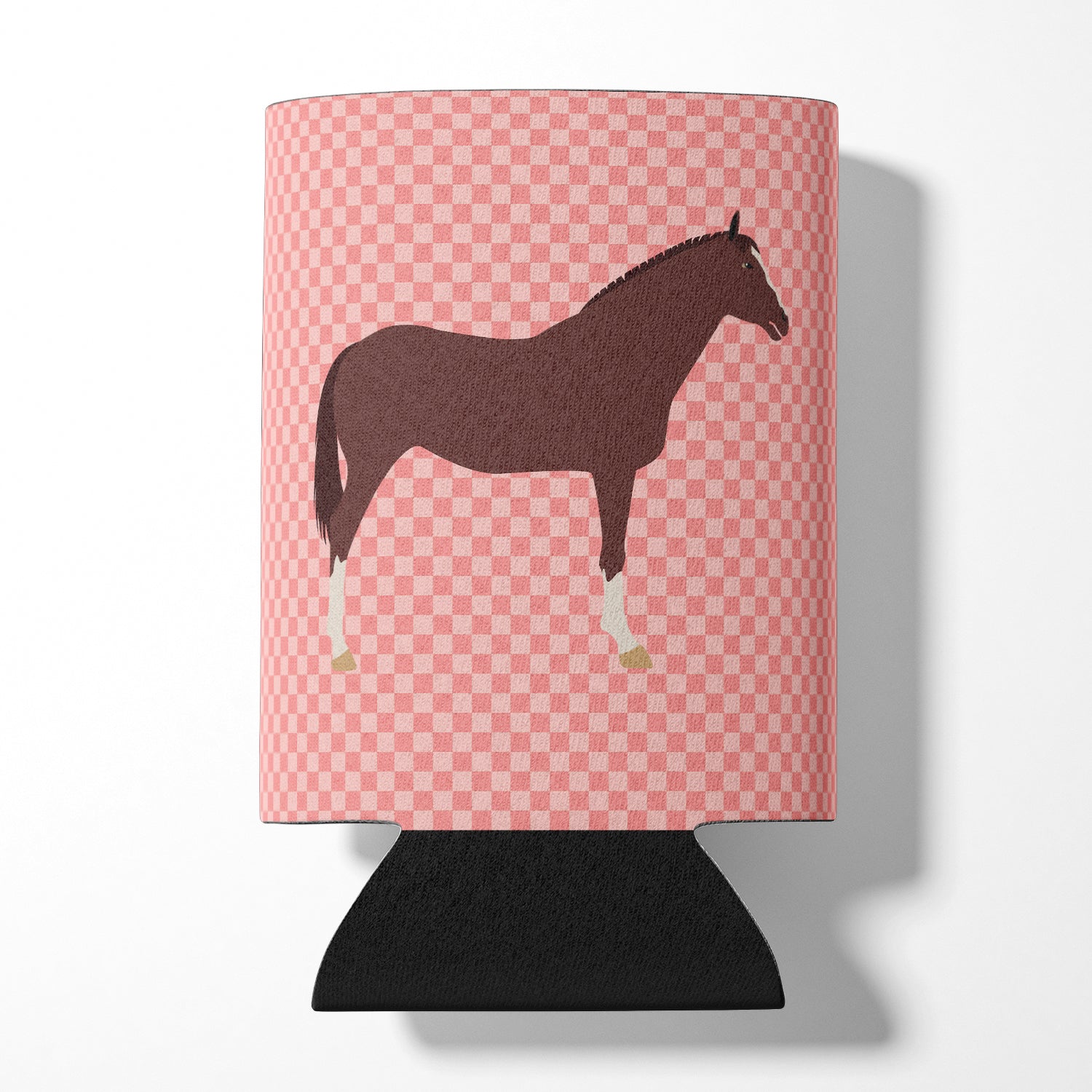 English Thoroughbred Horse Pink Check Can or Bottle Hugger Cooler Sleeve for Standard 12 oz Cans, Insulated Foam Beer & Soda Can Hugger Reusable