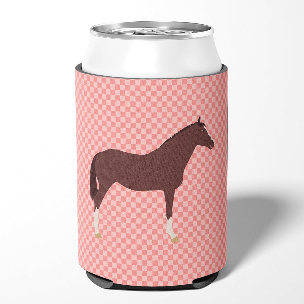 English Thoroughbred Horse Pink Check Can or Bottle Hugger Cooler Sleeve for Standard 12 oz Cans, Insulated Foam Beer & Soda Can Hugger Reusable