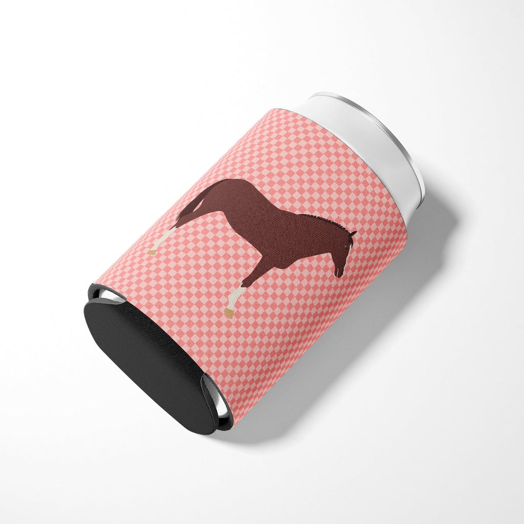 English Thoroughbred Horse Pink Check Can or Bottle Hugger Cooler Sleeve for Standard 12 oz Cans, Insulated Foam Beer & Soda Can Hugger Reusable
